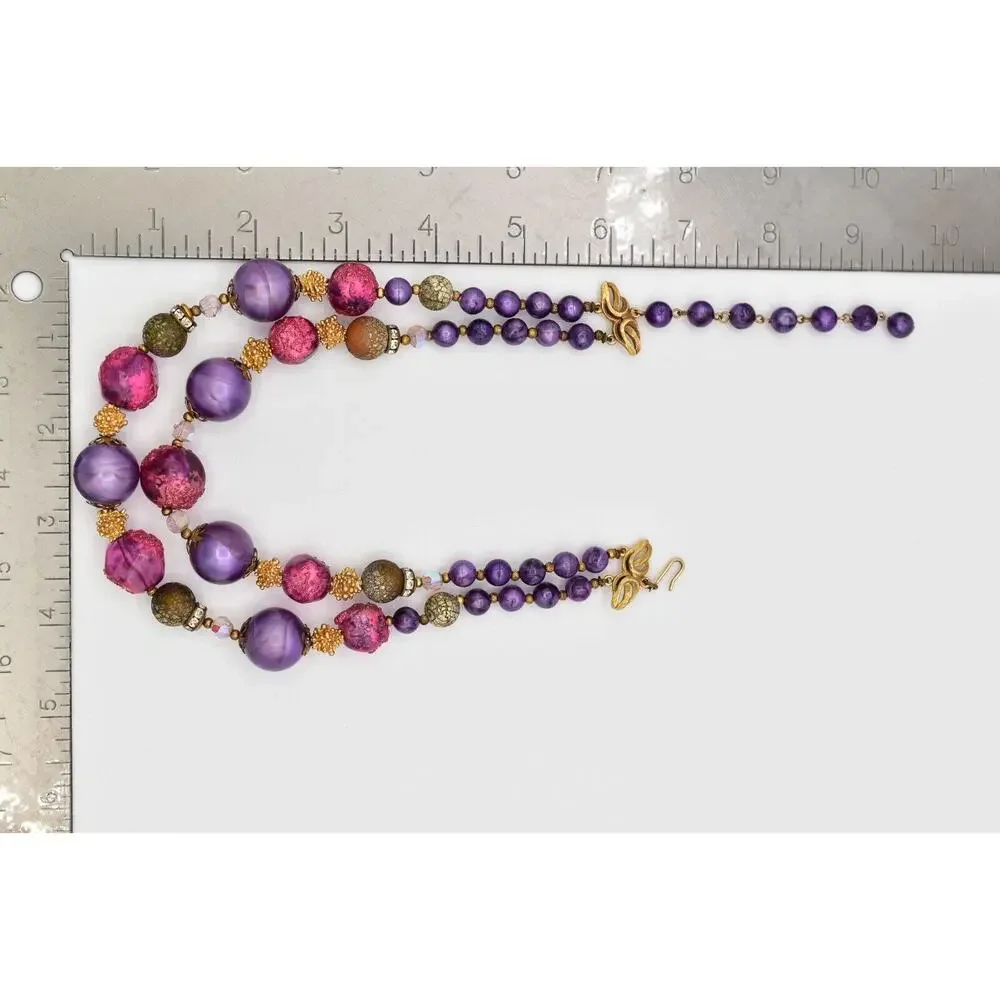 DEAUVILLE Vintage Beaded Collar Necklace Purple Pink Chunky Signed 1950s BinBE